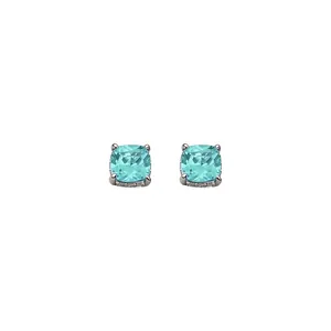 Elegant square-cut turquoise zircon stud earrings with silver-toned claw settings for women.