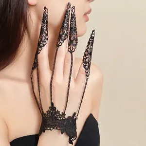 Gothic black lace hand chain with decorative hollow-out metal finger claws