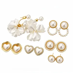Elegant variety set of white pearl earrings with heart and floral designs for women