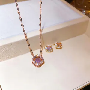 Luxury sparkling flower pendant necklace and square stud earrings jewelry set for women
