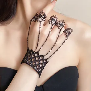 Elegant gothic black lace hollow out integrated ring bracelet harness hand jewelry