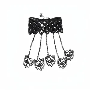 Exquisite vintage black lace slave bracelet with hollow out rings and chains in gothic style