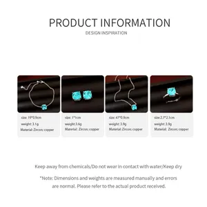Detailed specification chart for blue square zircon jewelry set including necklace and ring