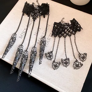 Gothic black lace hollow-out ring bracelet set with vintage dark aesthetic design detail