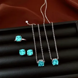 Exquisite square turquoise zircon jewelry set including necklace, earrings, and ring