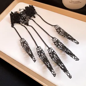 Vintage gothic black lace hand chain ornament with five hollowed filigree finger armor rings