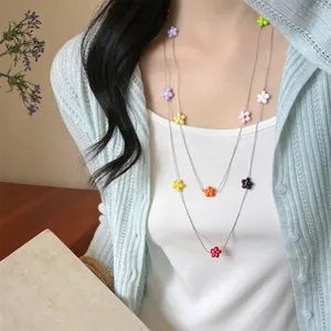 Resin Flower Beaded Long Necklace For Women Summer Vacation Style Silver Plated Copper Chain Multilayer Jewelry Gift