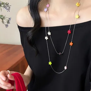Long double-layered necklace with colorful resin flower charms for summer