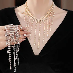 Copper Rhinestone Water Drop Tassel Necklace Luxurious Court Style Exquisite Pendant Necklaces For Women Party Statement Jewelry