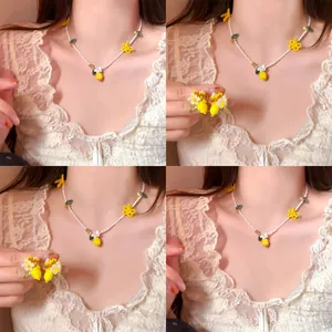 Summer Lemon Fruit Beaded Necklace And Earrings For Women Handmade Resin Flower Glass Bead Sweet Resort Style Fashion Jewelry