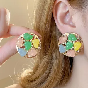 Fashion Colorful Resin Flower Stud Earrings With Silver Earring Post Alloy Artificial Pearl Round Earrings For Women Daily Jewelry