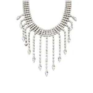 Elegant silver rhinestone choker necklace with iridescent water drop fringe tassels