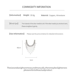 Detailed view of rhinestone fringe necklace with material and size specification.