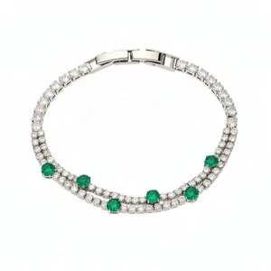 Luxury 18K white gold plated double-layer tennis bracelet with green and clear zircons.