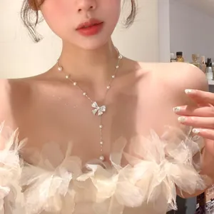 Collier élégant avec nœud en zircon et perles, chaîne de clavicule tendance pour femmes