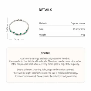 Detailed product specifications for the copper and zircon bracelet with 18.5cm size chart