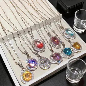 Retro palace style zircon teardrop necklaces with vibrant colorful gemstones on silver chain.