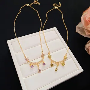 18k gold plated necklace with colorful zircon flower and waterdrop pendants