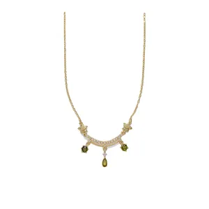 Elegant 18k gold plated necklace featuring zircon flowers and green teardrop pendants