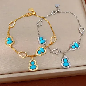 18K Gold Plated Zirconia Gourd Bracelet Elegant Artificial Turquoise Hollow Wulu Bangle For Women Luxury Jewelry Gift