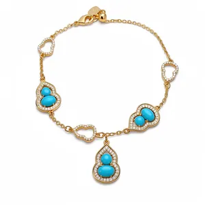 18K gold plated adjustable bracelet with hollow hulu gourd and turquoise stones