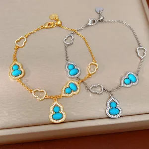 Detailed view of 18K gold and silver plated gourd bracelets with turquoise and zircons