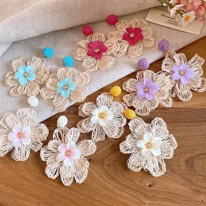Handmade Woven Raffia Flower Drop Earrings Bohemian Sweet Floral Stud Earrings With Steel Earring Post For Women Vacation
