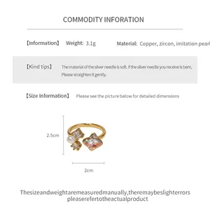 Detail view of zircon pearl flower open ring with dimensions and material specs.