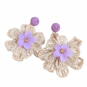 Exquisite handmade raffia flower drop earrings in purple and beige, sweet forest style