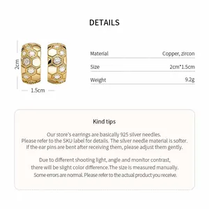 Detailed specifications of gold honeycomb C-shaped earrings with zircon stone accents