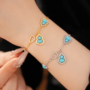 Exquisite 18K gold plated gourd bracelets with turquoise stones and sparkling zircons