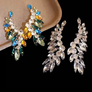 Elegant sparkling crystal leaf earrings with marquise stones in multicolor and clear