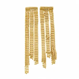 Elegant gold plated asymmetrical long tassel earrings featuring metallic sequin mesh design