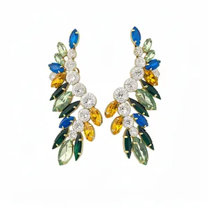 Multicolor crystal leaf-shaped stud earrings with marquise and round cut stones