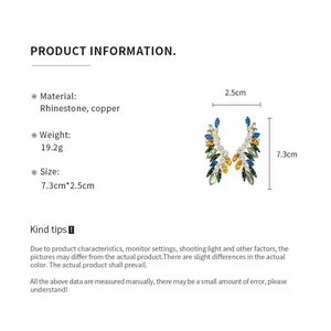 Detailed product specifications and dimensions for these colorful rhinestone leaf earrings