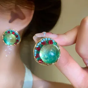 Geometric Glass Inlaid Rhinestone Stud Earrings With 925 Sterling Silver Earring Post French Retro Forest Style Women Jewelry