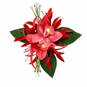Vibrant red and pink fabric flower hair clip with green leaves on white background.