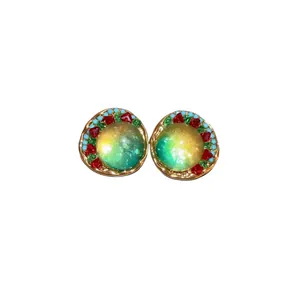 Elegant forest style geometric stud earrings with colorful resin and rhinestones on white