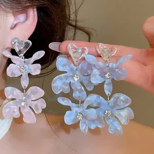 Sweet Vacation Acetate Flower Tassel Drop Earrings With Silver Earring Post Rhinestone Inlaid Floral Heart Dangle Jewelry