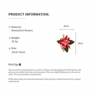 Product specifications and dimensions for this elegant red fabric flower hair clip.