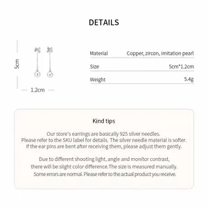 Detailed product specifications for bow zircon tassel earrings with pearl accents.