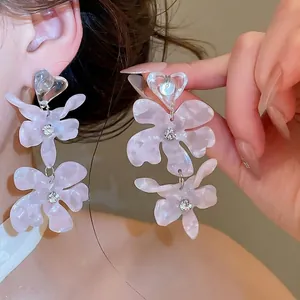 Sweet pink acetate flower tassel drop earrings with sparkling rhinestone heart accents