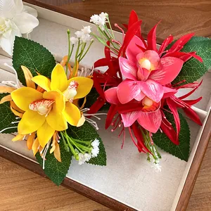 Detail shot of vibrant fabric orchid hair clips featuring realistic petal textures