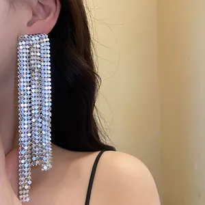 Detailed macro view of a stylish long silver metal mesh tassel earring worn by a model