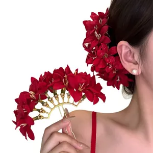 Elegant red fabric flower hair pin for women vintage style hair fork accessory