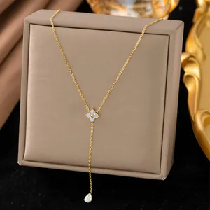 Elegant gold titanium steel Y-shaped necklace with crystal flower and teardrop pendants