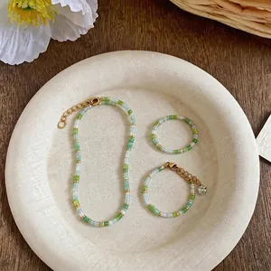Fresh green glass bead jewelry set including handmade beaded necklace, bracelet and ring