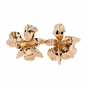 Elegant gold metal orchid flower open ring and bracelet set with high-shine metallic finish