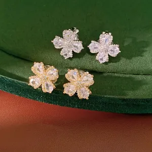Luxury Copper Zirconia Flower Clip On Earrings Gold Plated No Piercing Floral Jewelry For Women Fashion Daily Commute Accessory