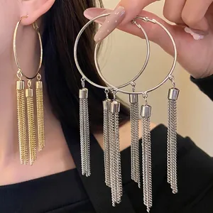 Vintage European Style Round Hoop Tassel Earrings With Silver Earring Post Gold Silver Plated Chain Fringe Ear Jewelry For Women
